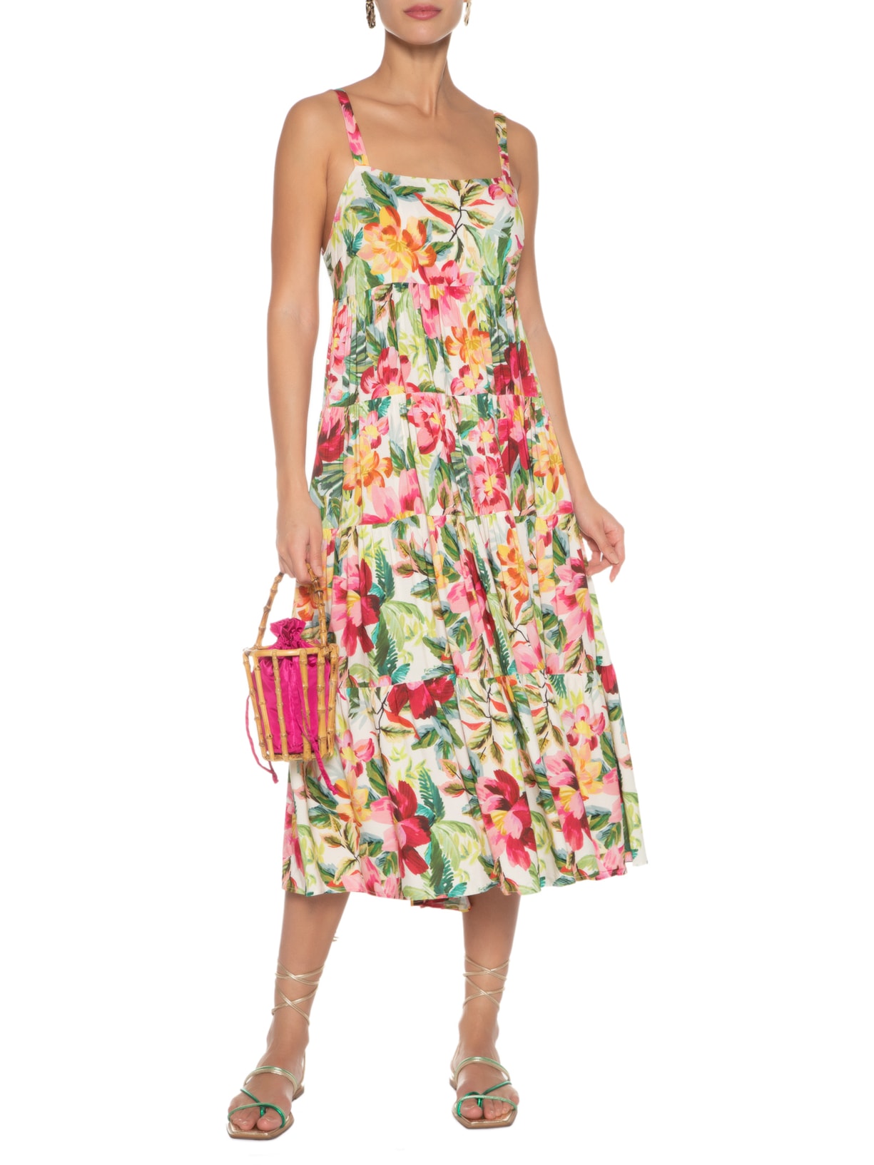 Vestido Midi Floral Pintado Verde Farm