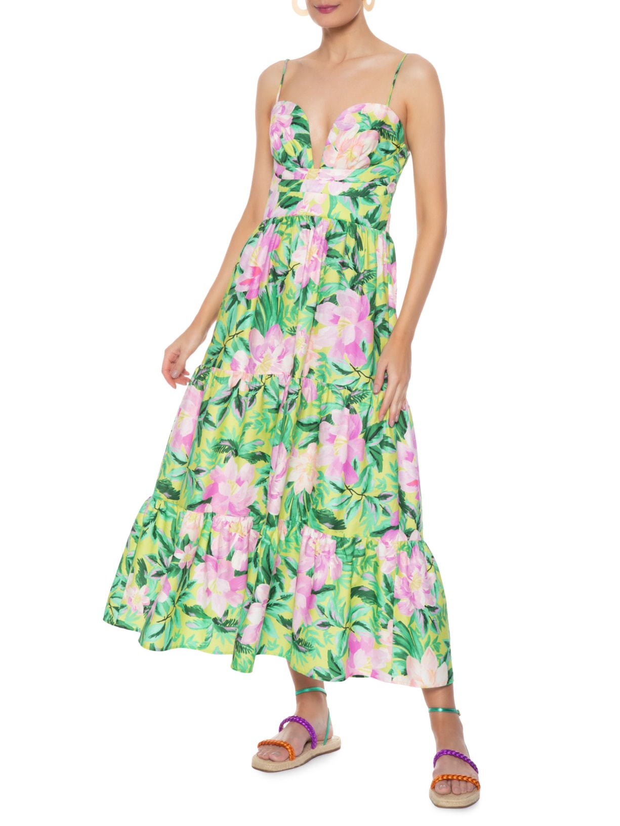 Vestido Midi Floral Pintado Verde Farm