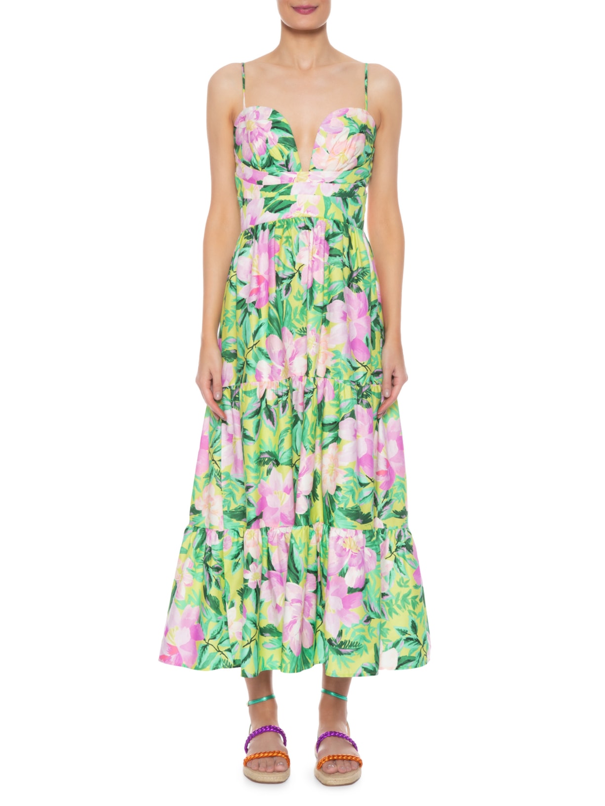 Vestido Midi Floral Pintado Verde Farm