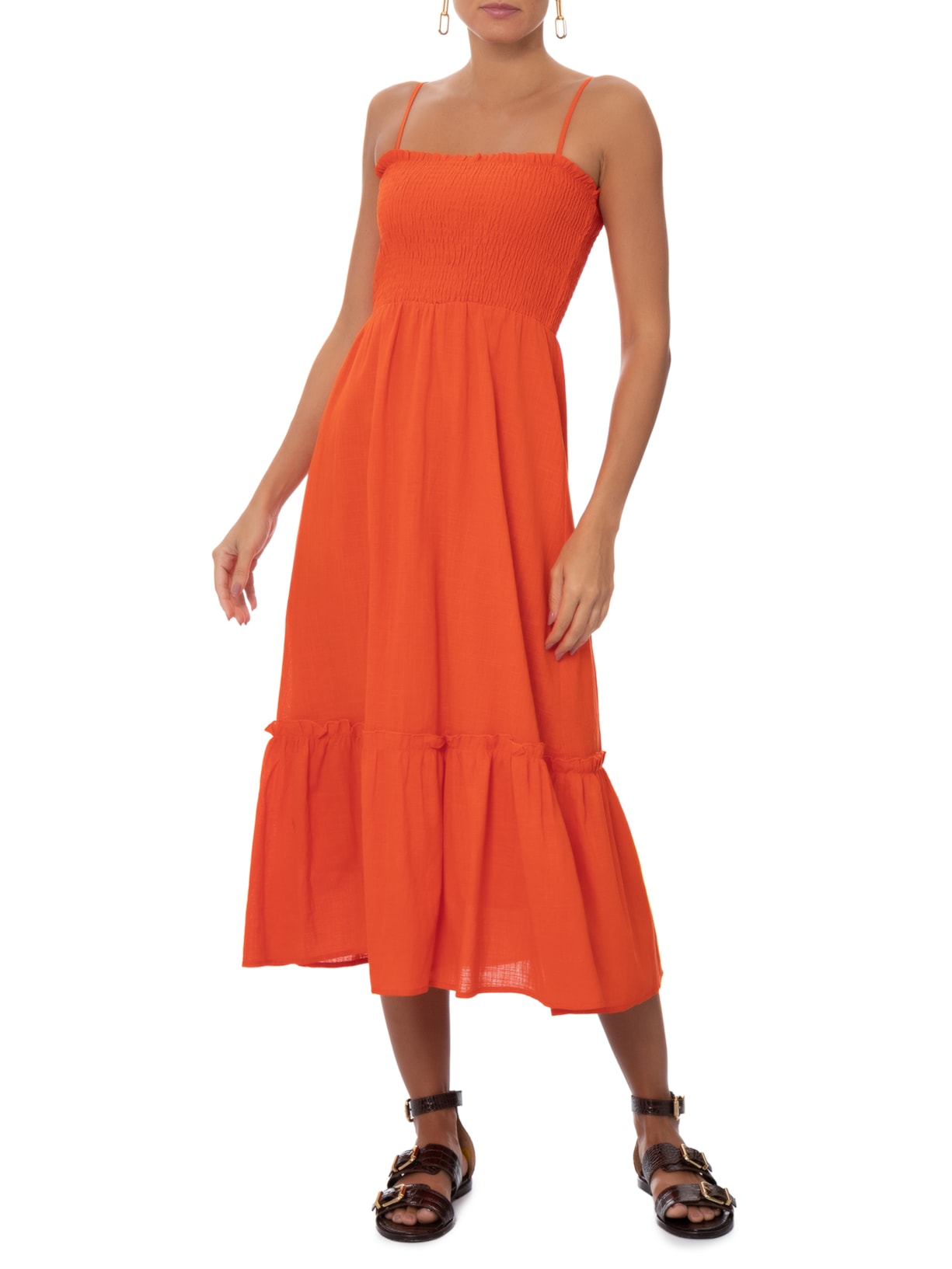 Vestido Midi Fluido Com Lastex Laranja Basiq