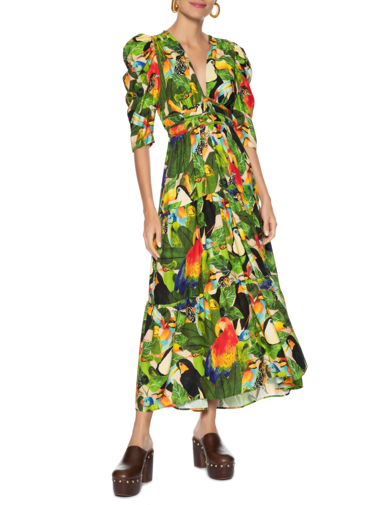 Vestido Midi Folhagem de Pássaro Verde  Farm