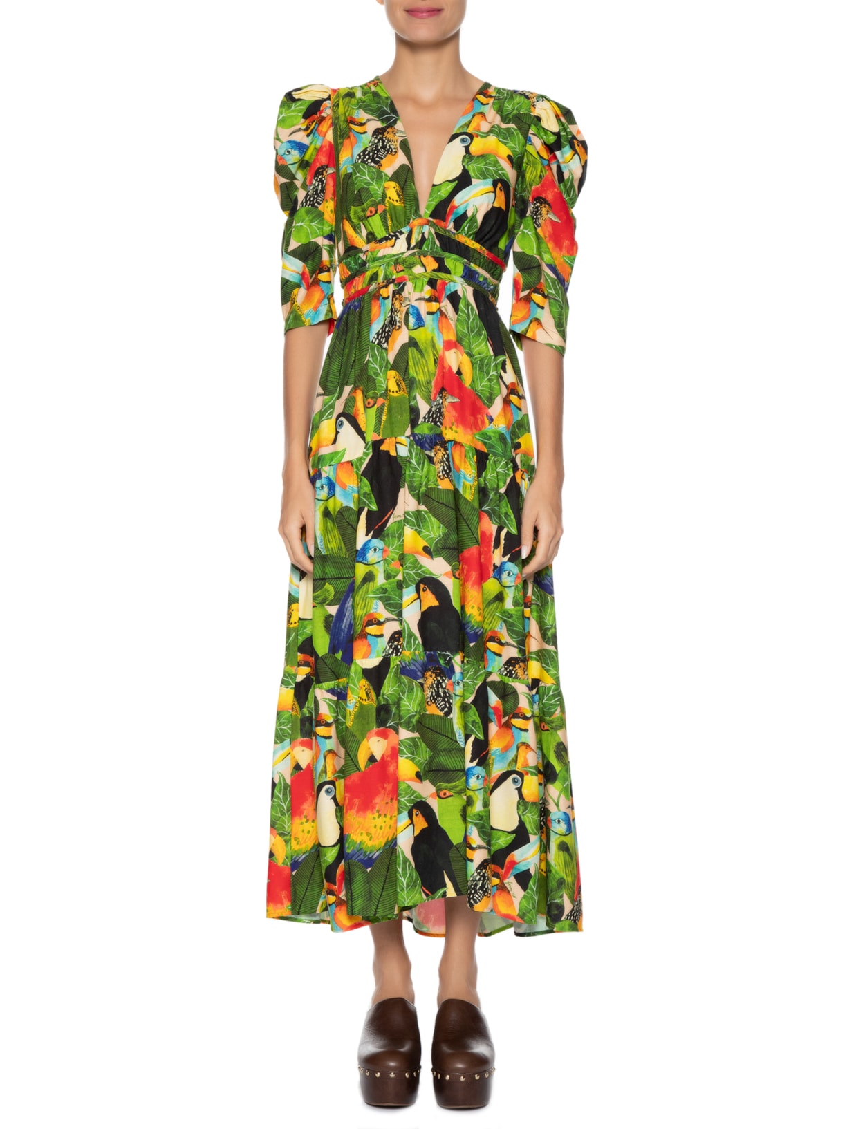 Vestido Midi Folhagem de Pássaro Verde  Farm