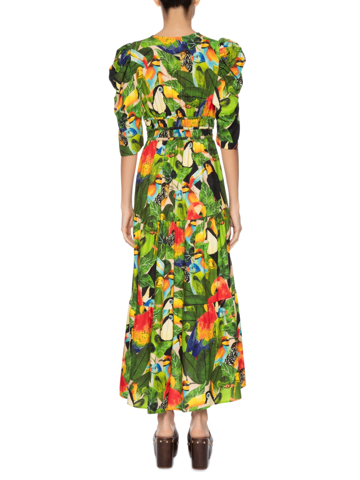 Vestido Midi Folhagem de Pássaro Verde  Farm