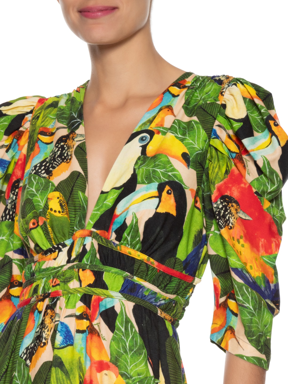 Vestido Midi Folhagem de Pássaro Verde  Farm