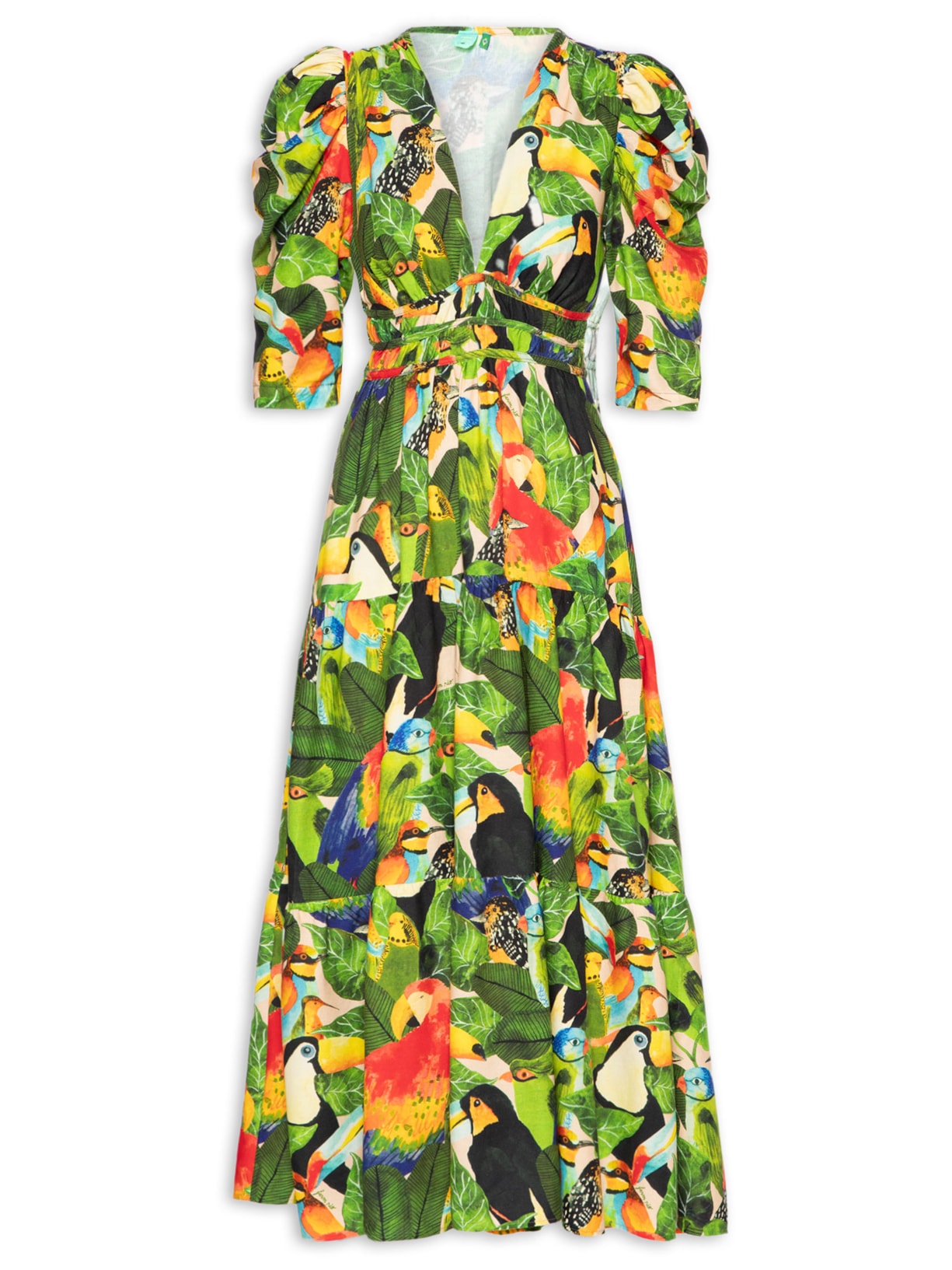 Vestido Midi Folhagem de Pássaro Verde  Farm