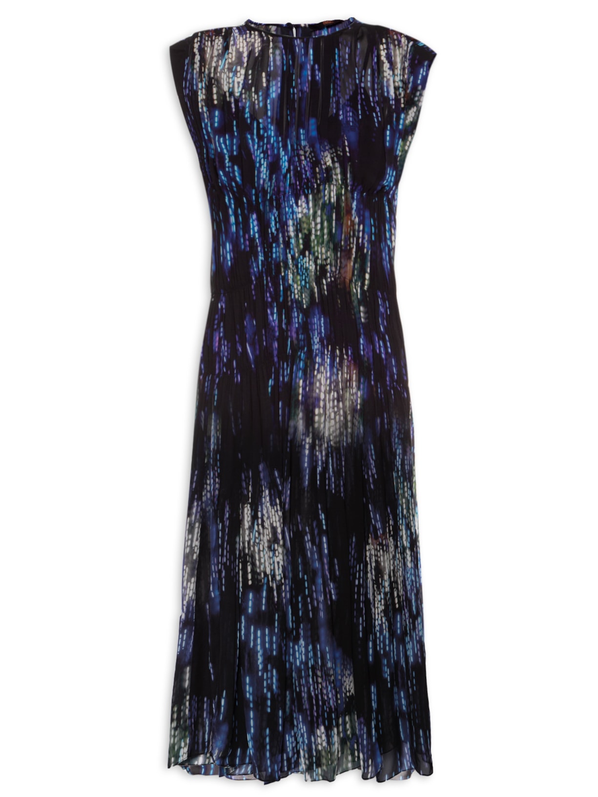 Vestido Midi Franzido Abstrato Luzes - Azul