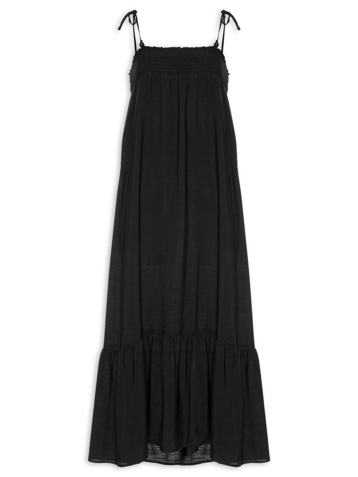 Vestido Midi Franzido Com Miçangas Preto Basiq