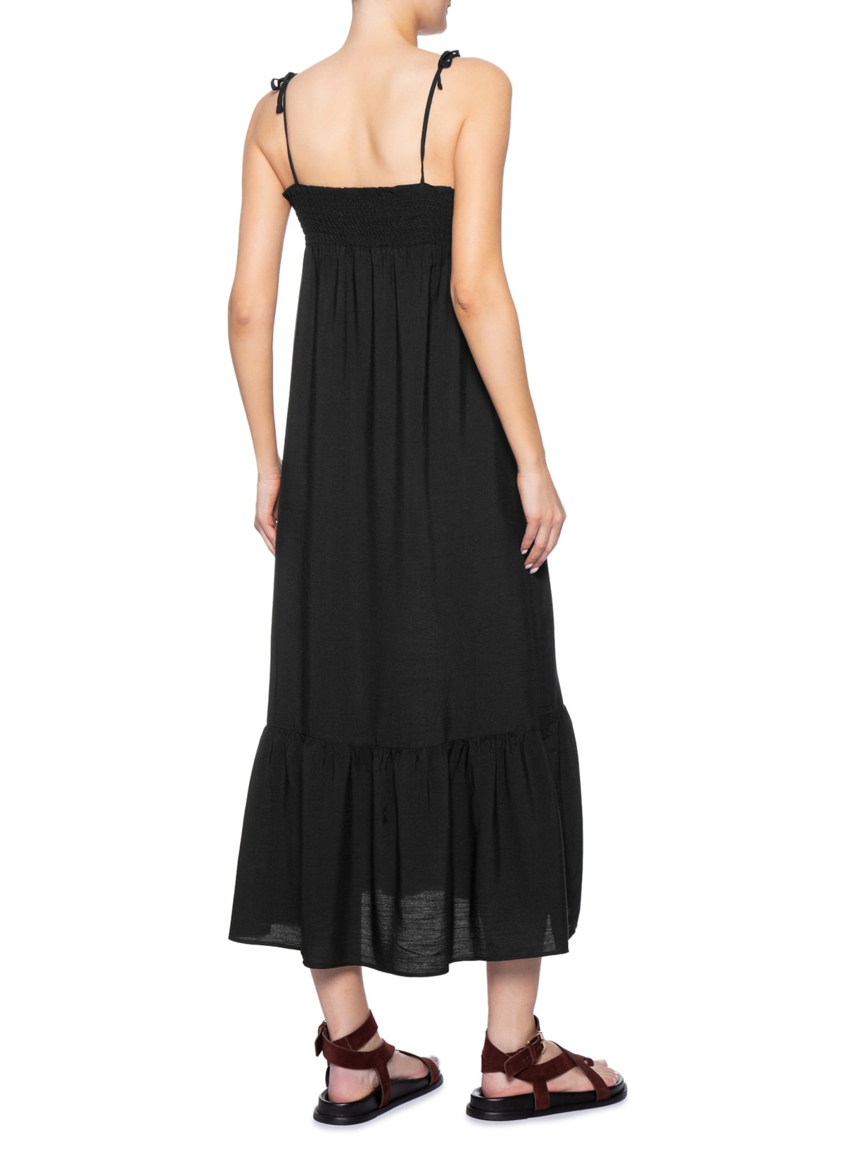 Vestido Midi Franzido Com Miçangas Preto Basiq