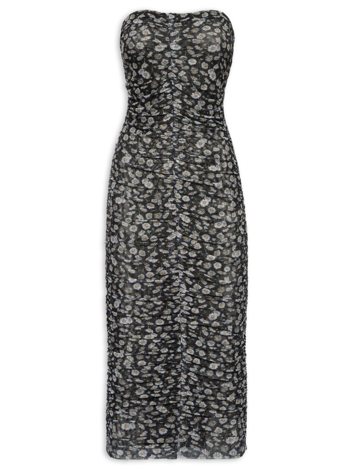 Vestido Midi Franzido De Tule - Preto