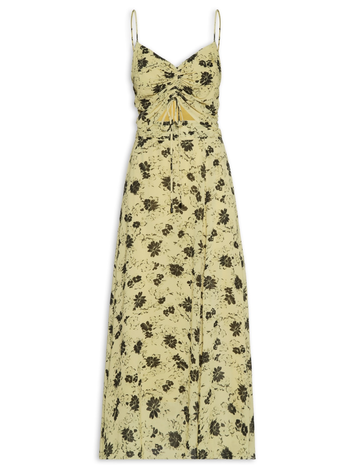 Vestido Midi Franzido Frente Floral Cari - Bege