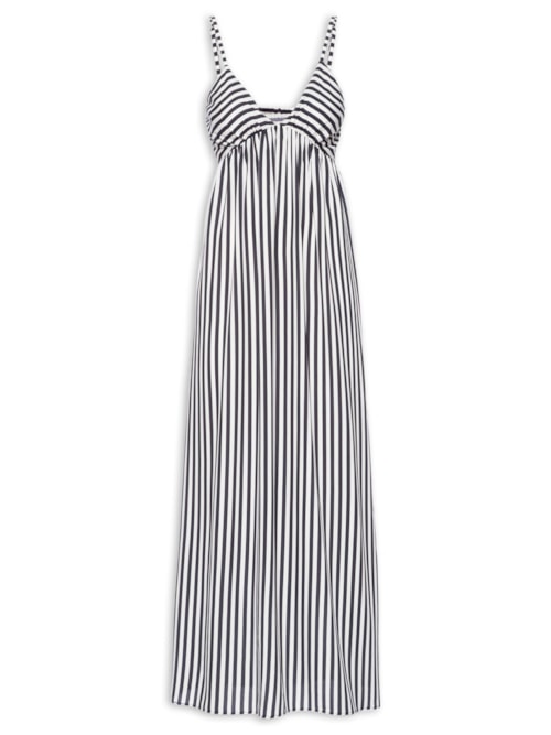 Vestido Midi Franzido Listrado - Azul