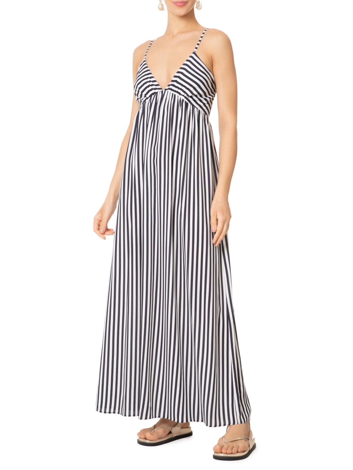 Vestido Midi Franzido Listrado Azul '2Essential