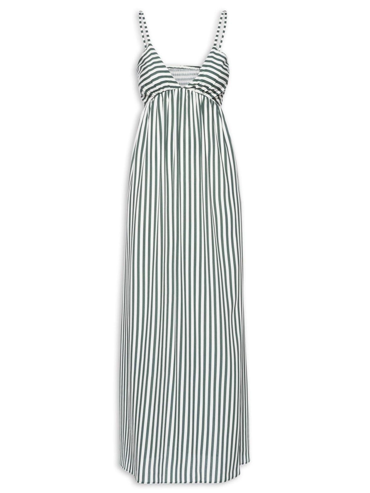 Vestido Midi Franzido Listrado - Verde