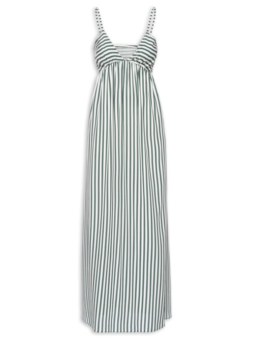 Vestido Midi Franzido Listrado - Verde