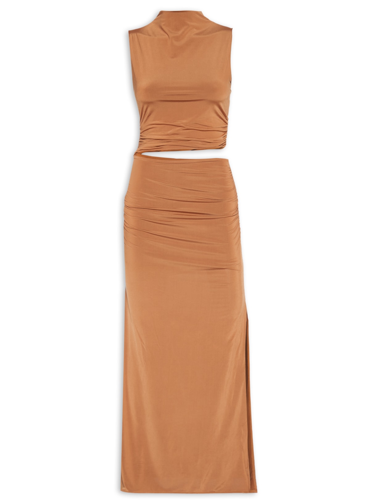 Vestido Midi Franzidos Cut Jersey Marrom Animale