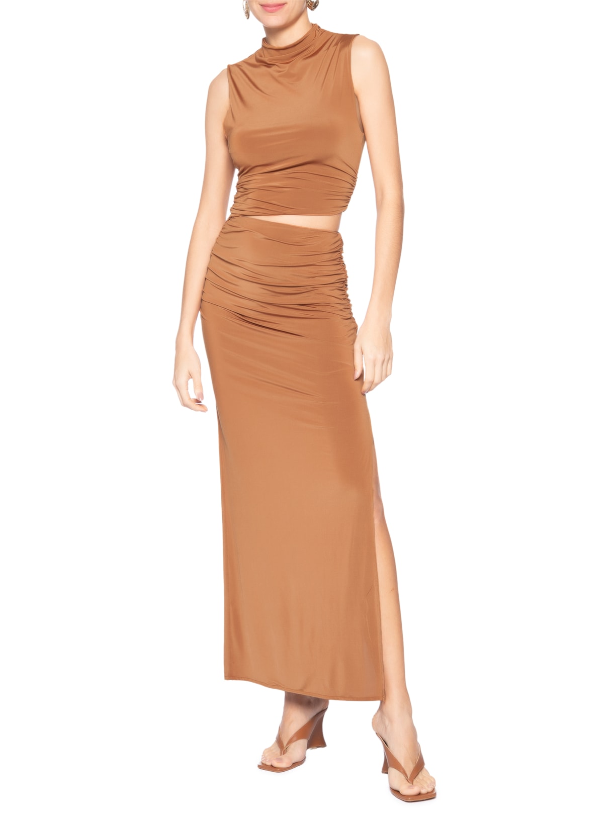 Vestido Midi Franzidos Cut Jersey Marrom Animale