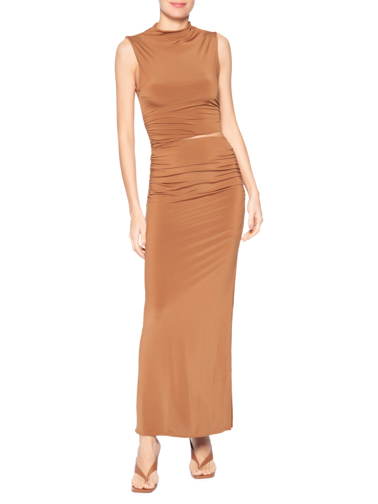 Vestido Midi Franzidos Cut Jersey Marrom Animale