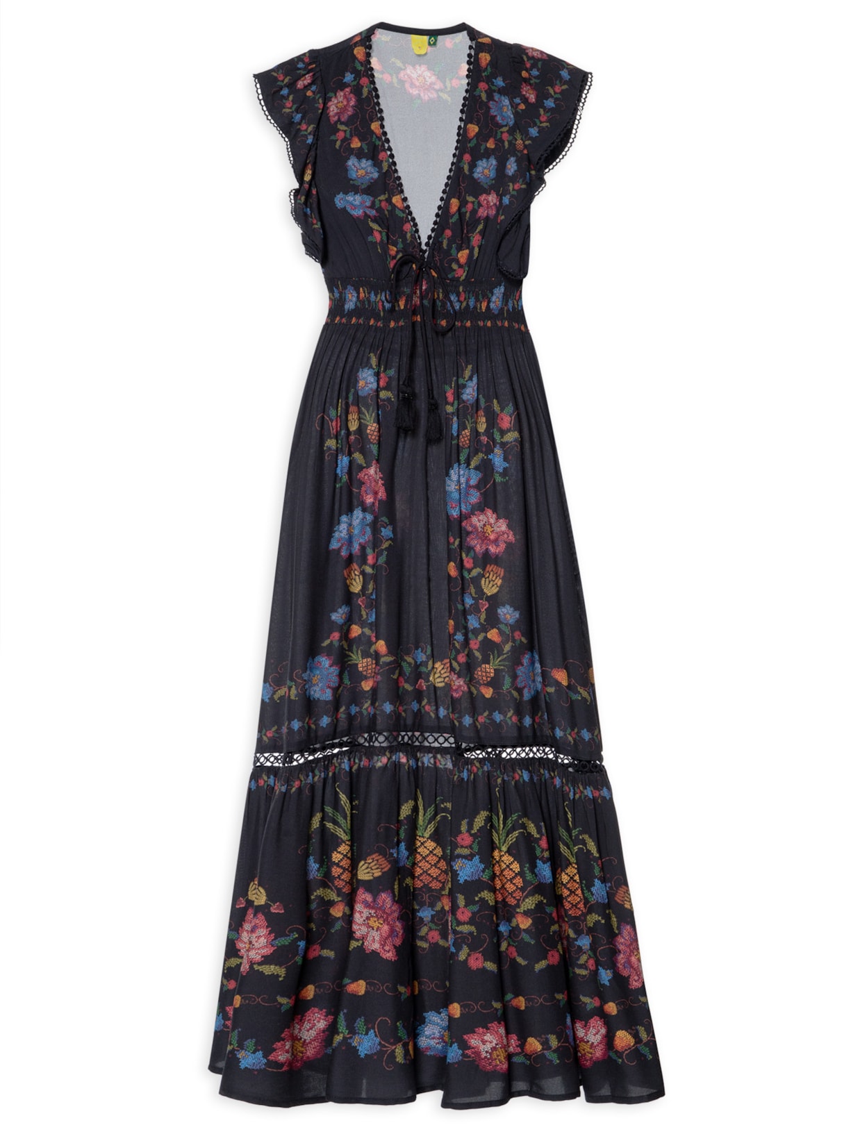 Vestido Midi Fruta Bordada - Preto