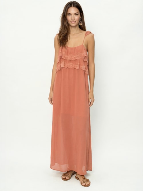 Vestido Midi Ggt Babado Renda - Rosa