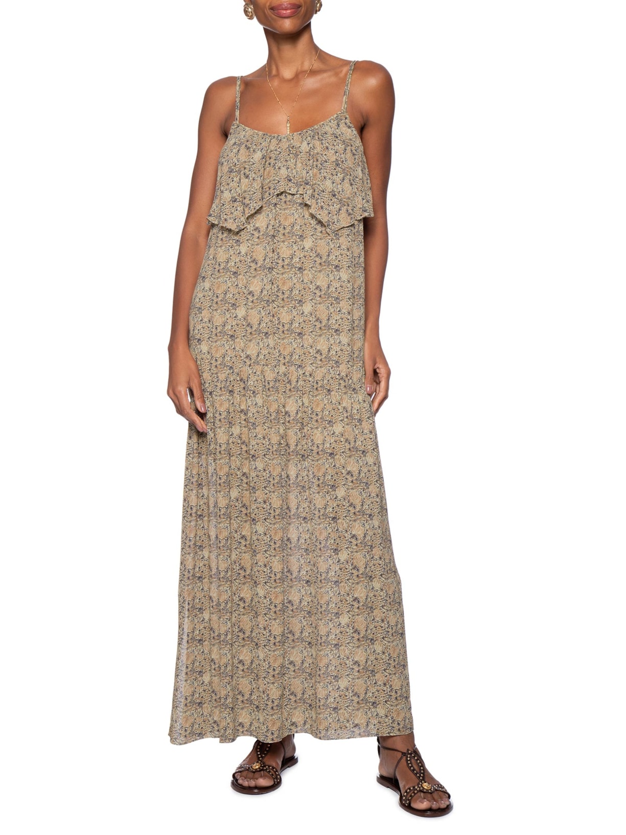 Vestido Midi Ggt Estampa Fable Bege Maria Filó