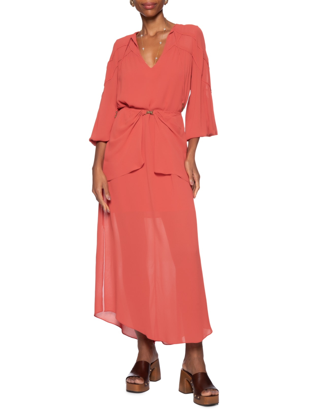 Vestido Midi Ggt Recortes Franzidos Vermelho Maria Filó