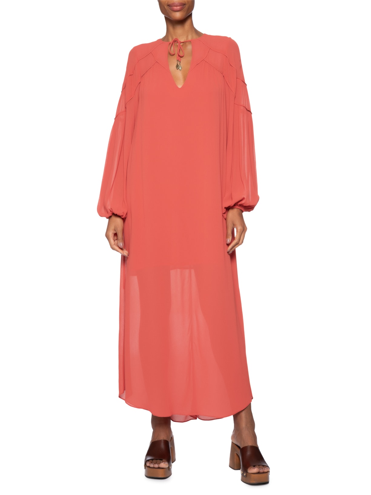 Vestido Midi Ggt Recortes Franzidos Vermelho Maria Filó