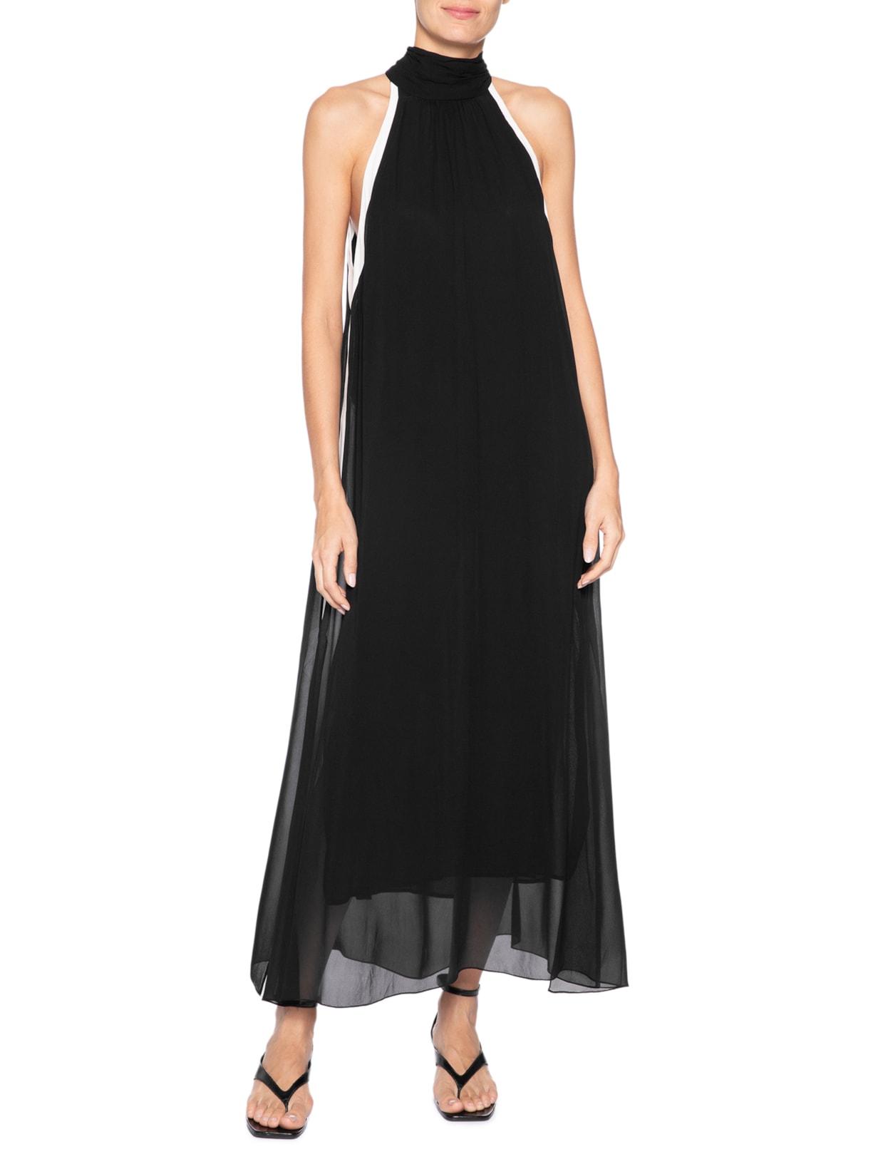 Vestido Midi Gola Alta Bicolor Preto Animale
