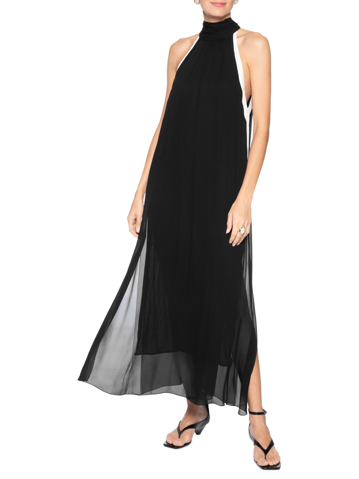 Vestido Midi Gola Alta Bicolor – Preto Animale