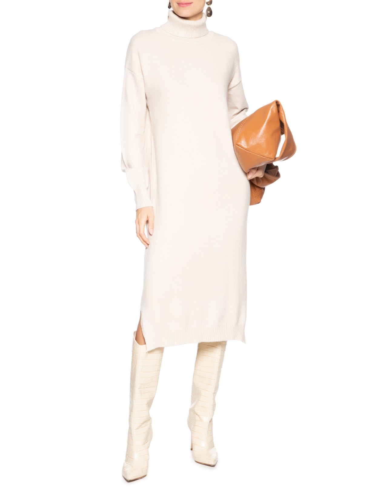 Vestido Midi Gola Alta em Tricot Bege '2Essential