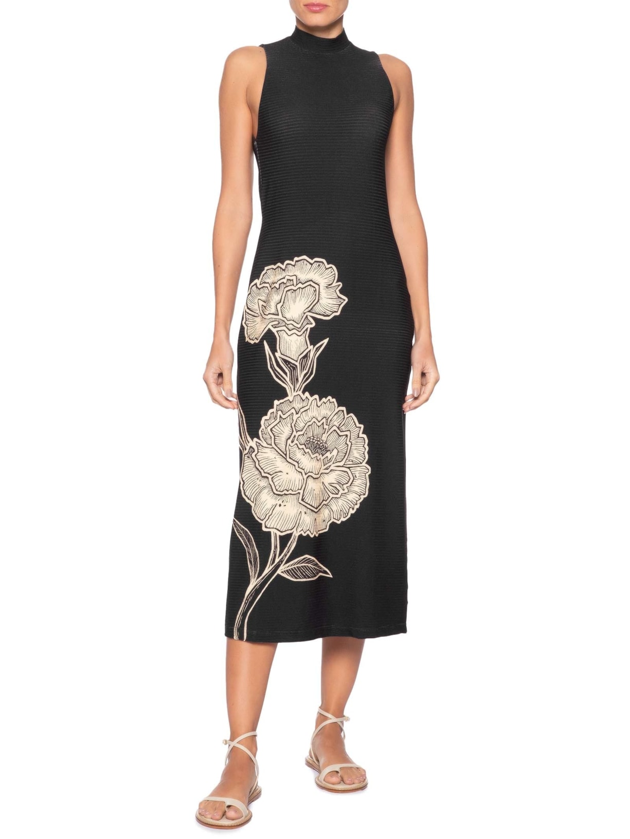 Vestido Midi Gola Alta Jardim de Cordel – Preto Farm