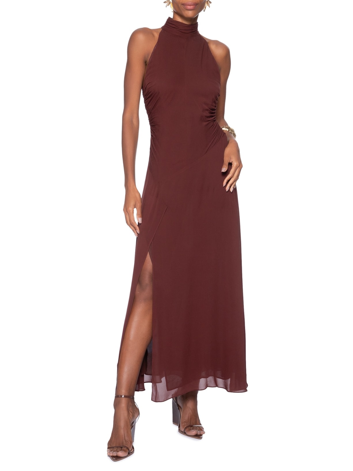 Vestido Midi Gola Alta Marrom Animale