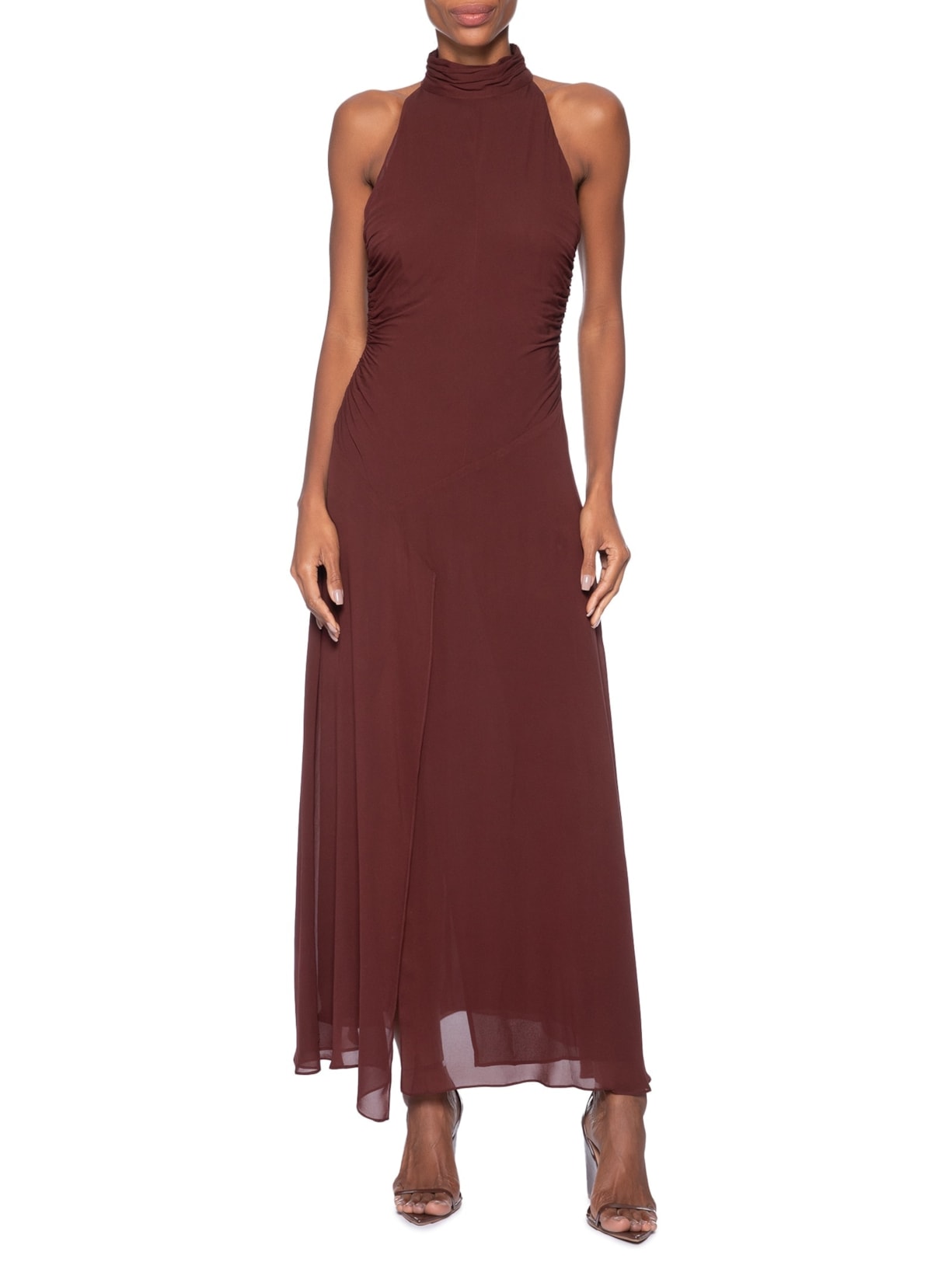 Vestido Midi Gola Alta Marrom Animale