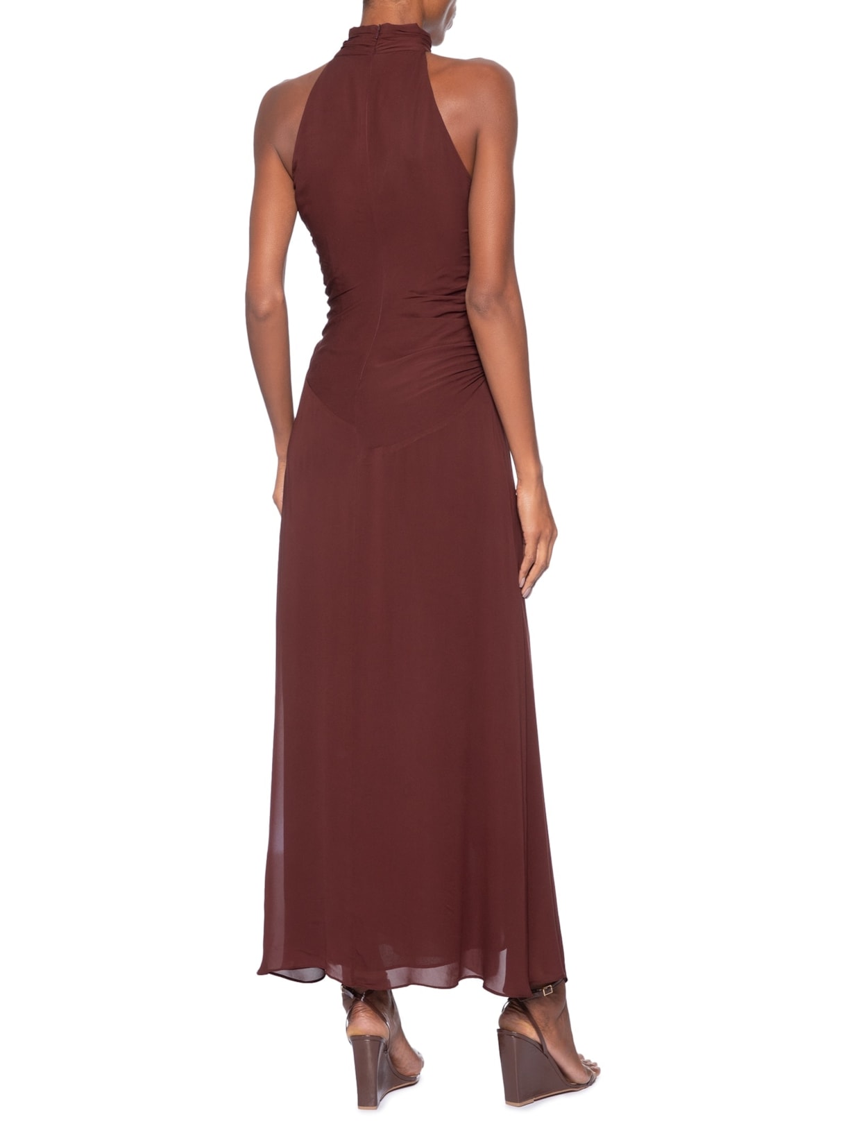 Vestido Midi Gola Alta Marrom Animale