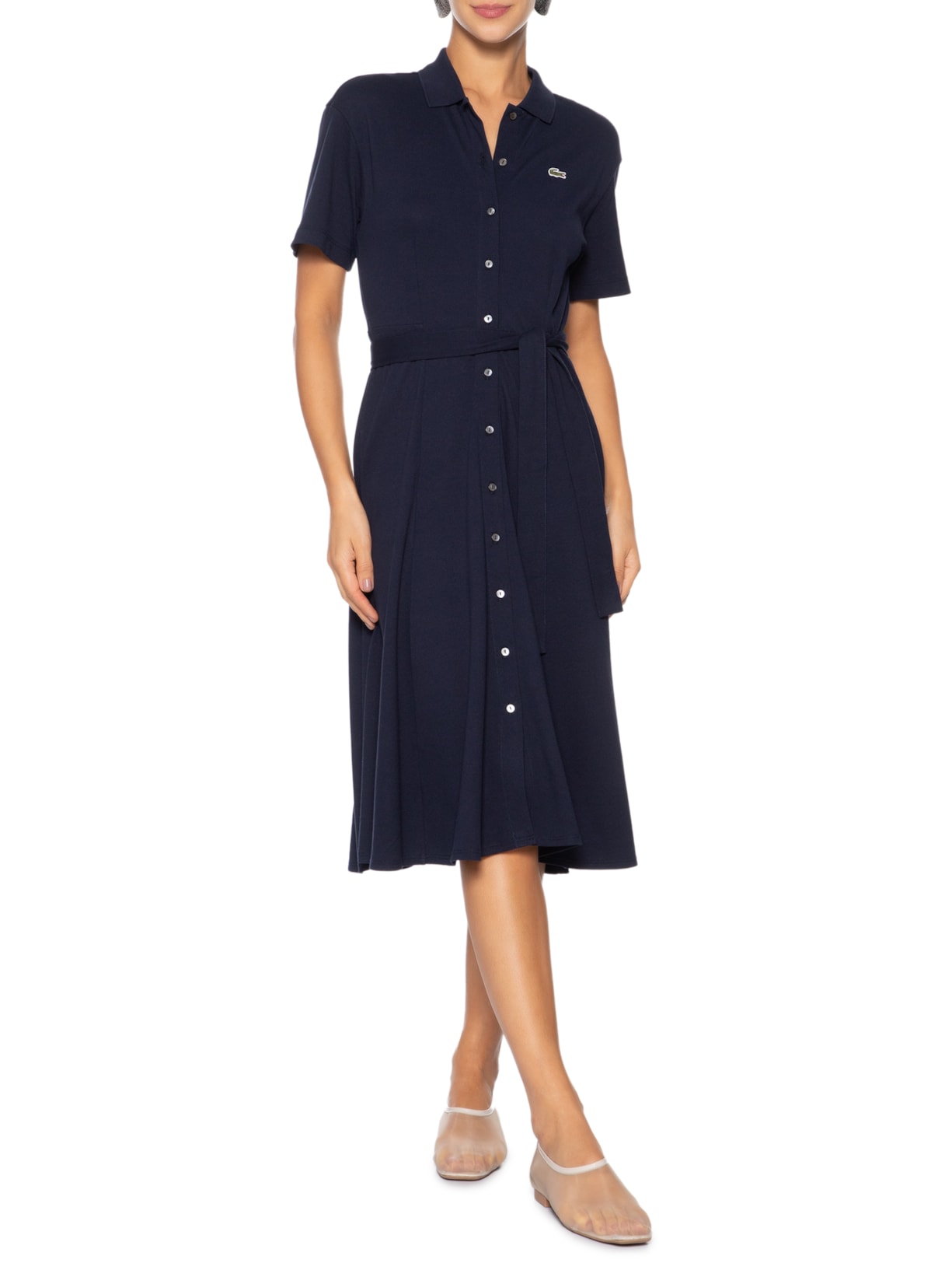 Vestido Midi Gola Polo Azul Lacoste