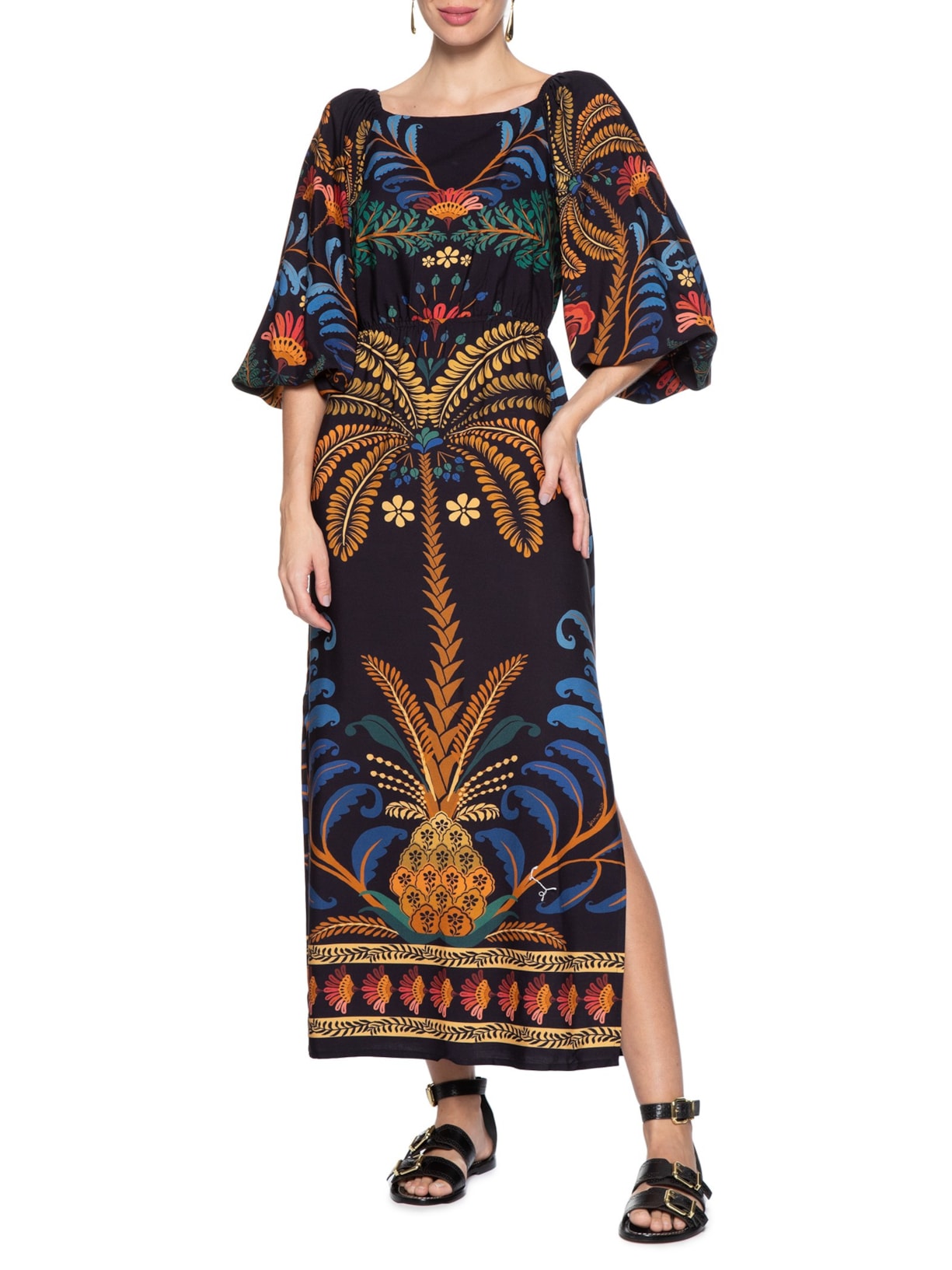 Vestido Midi Jardim Clássico Preto Farm