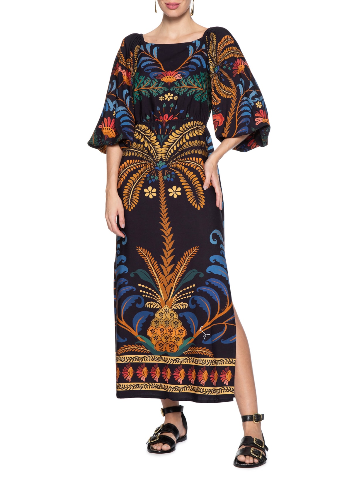 Vestido Midi Jardim Clássico Preto Farm