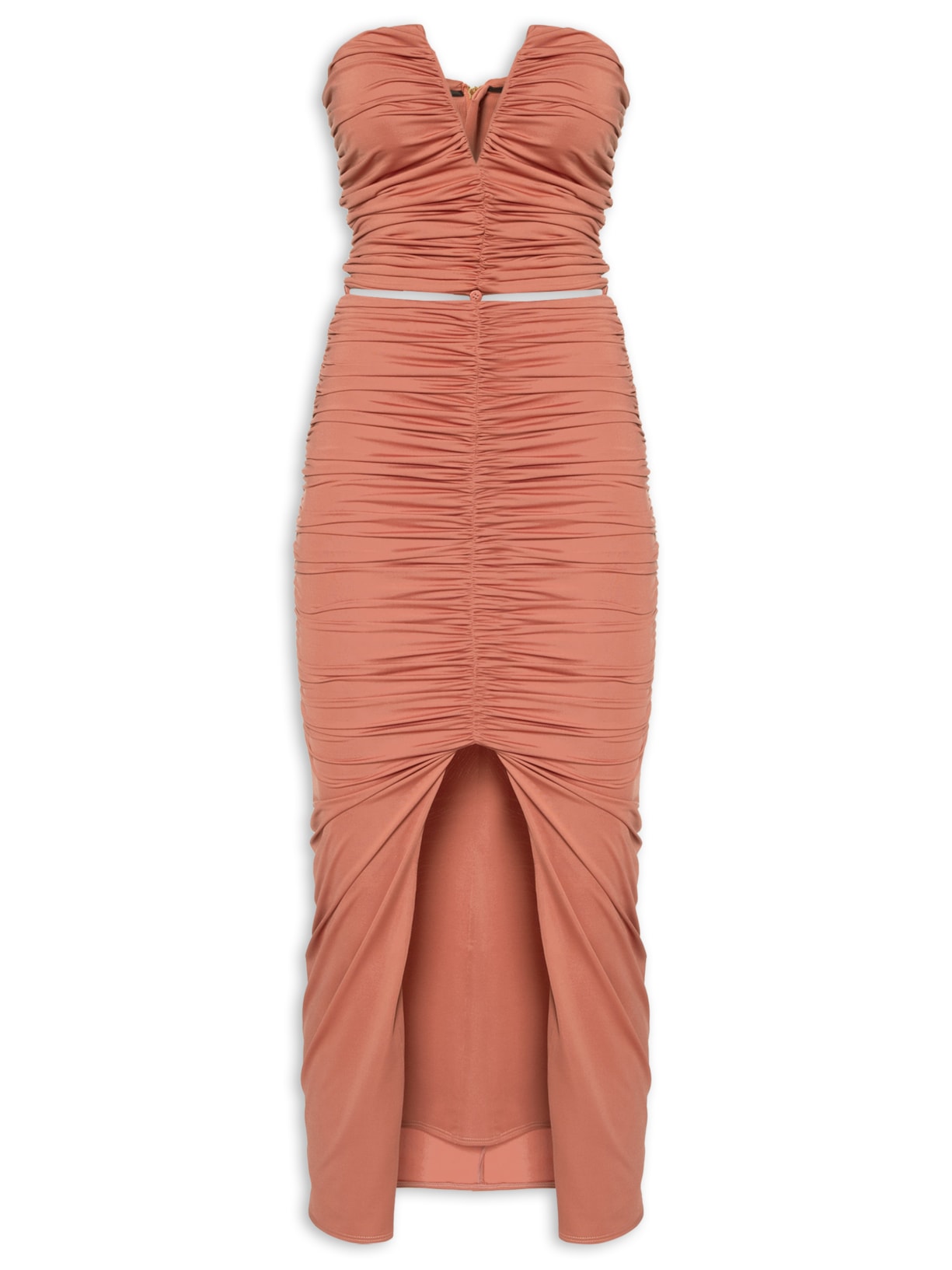 Vestido Midi Jersey Sem Alça Com Recorte - Rosa