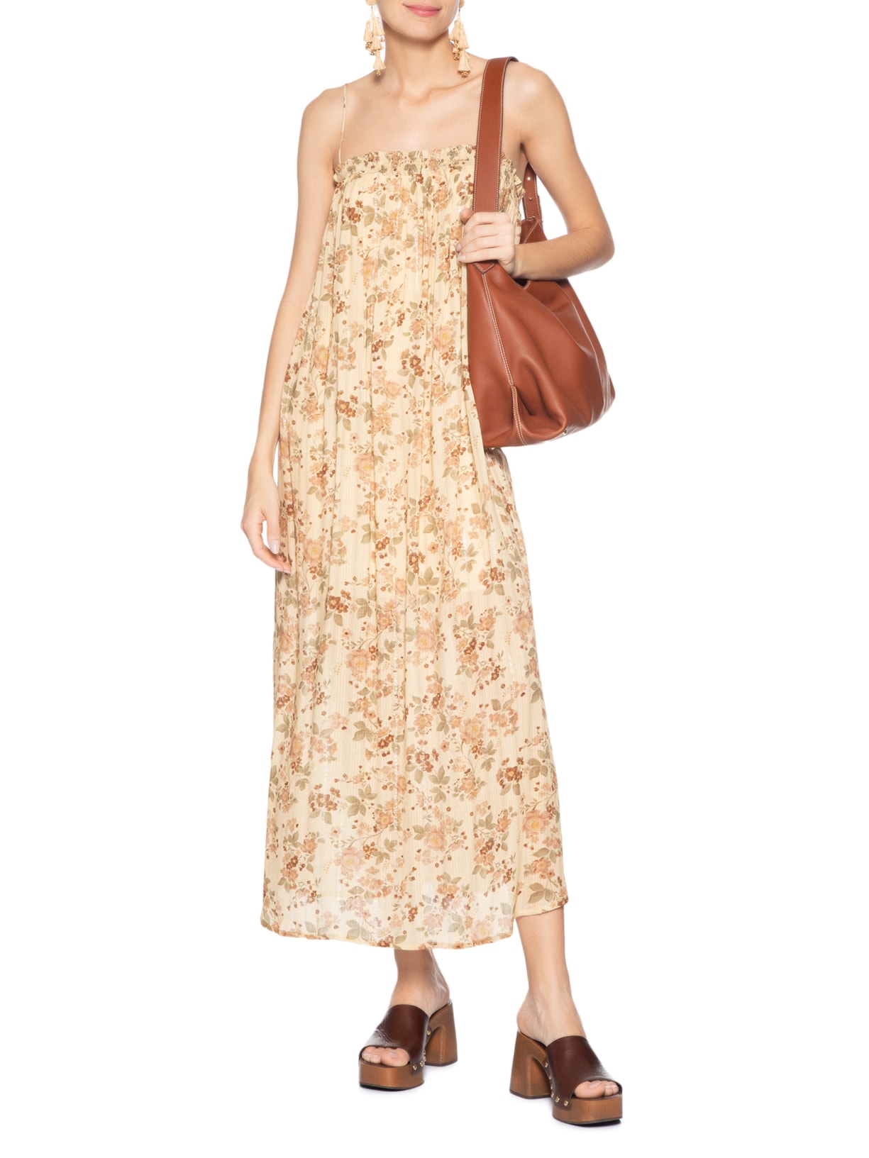 Vestido Midi Lastéx Estampa Blush Bege Maria Filó