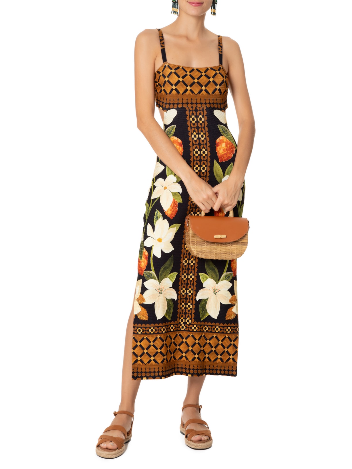 Vestido Midi lenço Floral Preto Farm