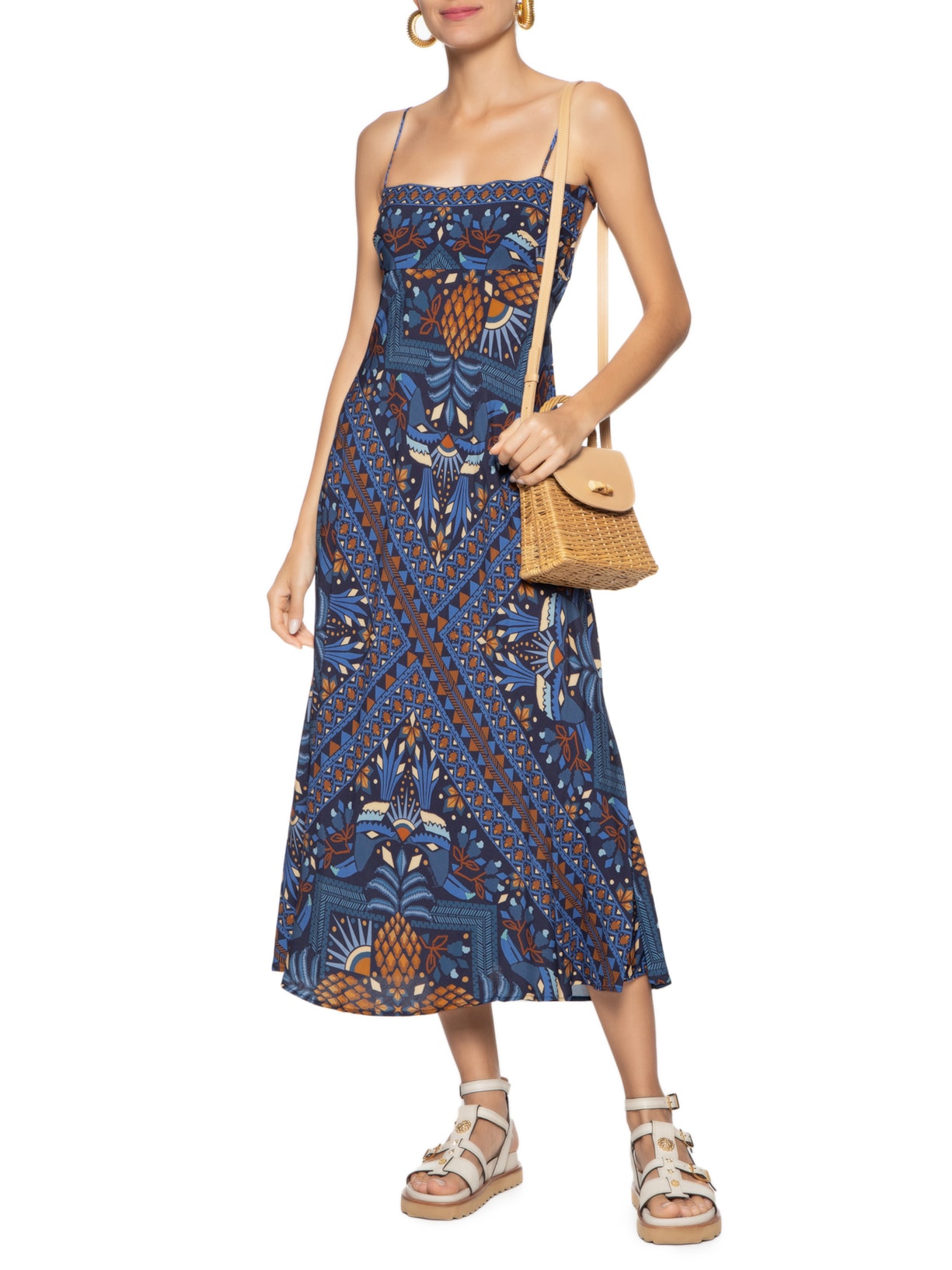 Vestido Midi Lenço Magia Tropical Azul Farm