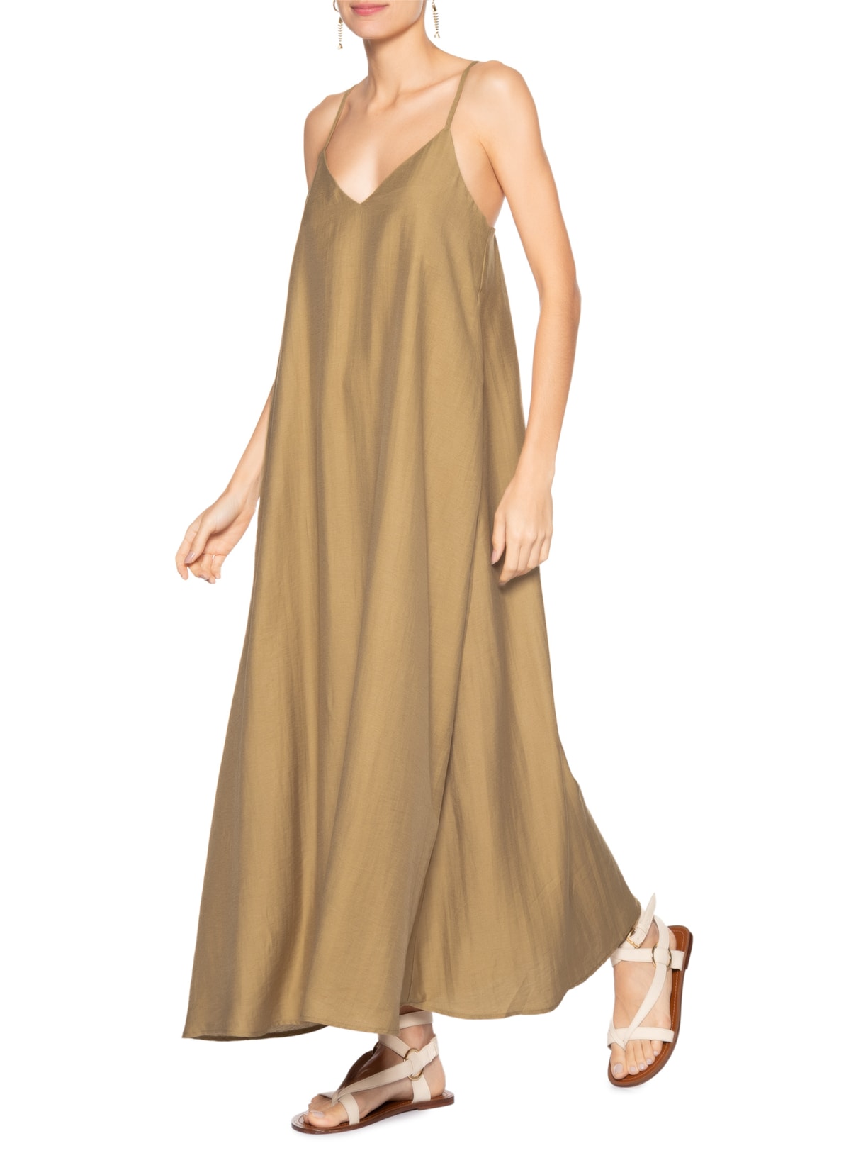 Vestido Midi Leve Alcinha Bege Basiq