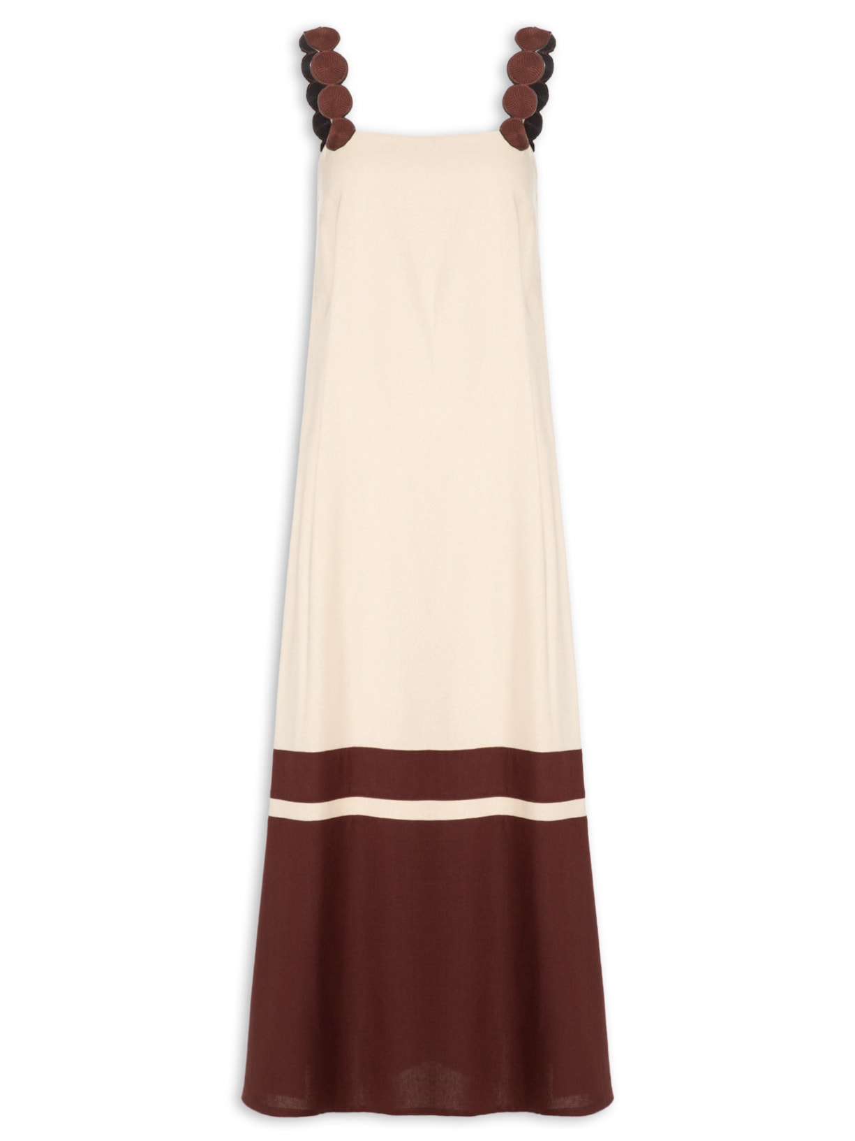 Vestido Midi Linho Alça Bolas - Bege