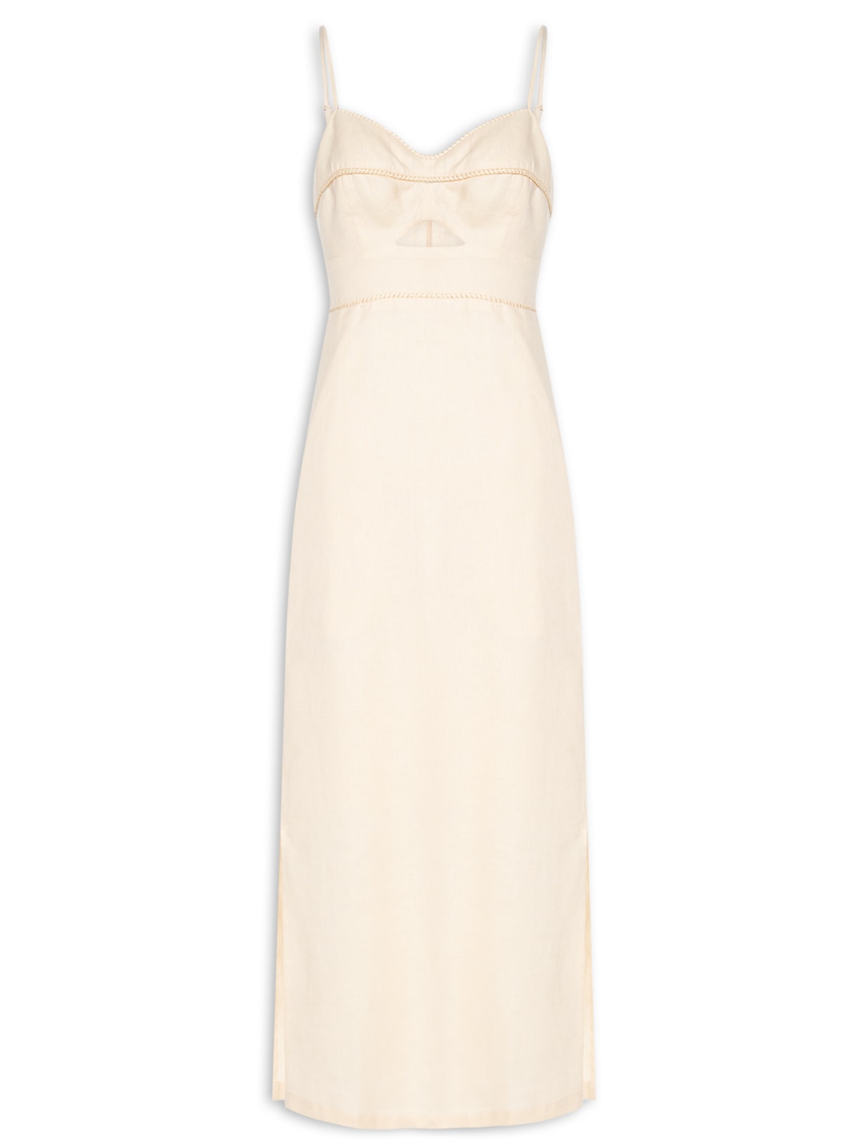 Vestido Midi Linho Bordado - Bege