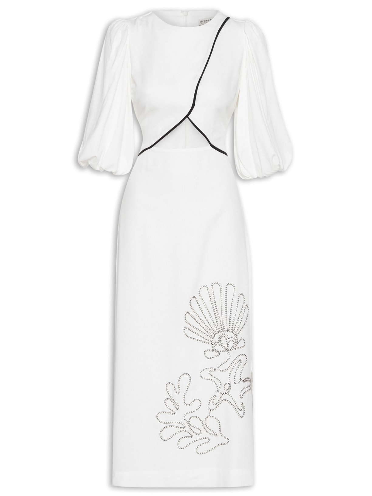 Vestido Midi Linho Bordado Concha - Off White