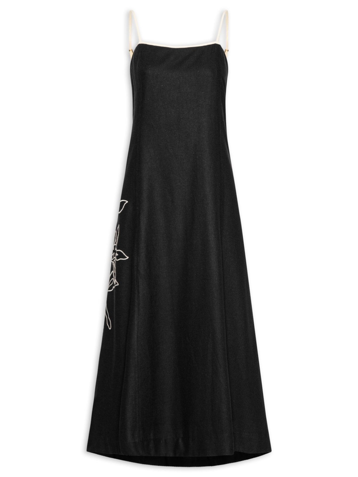 Vestido Midi Linho Bordado Floral - Preto