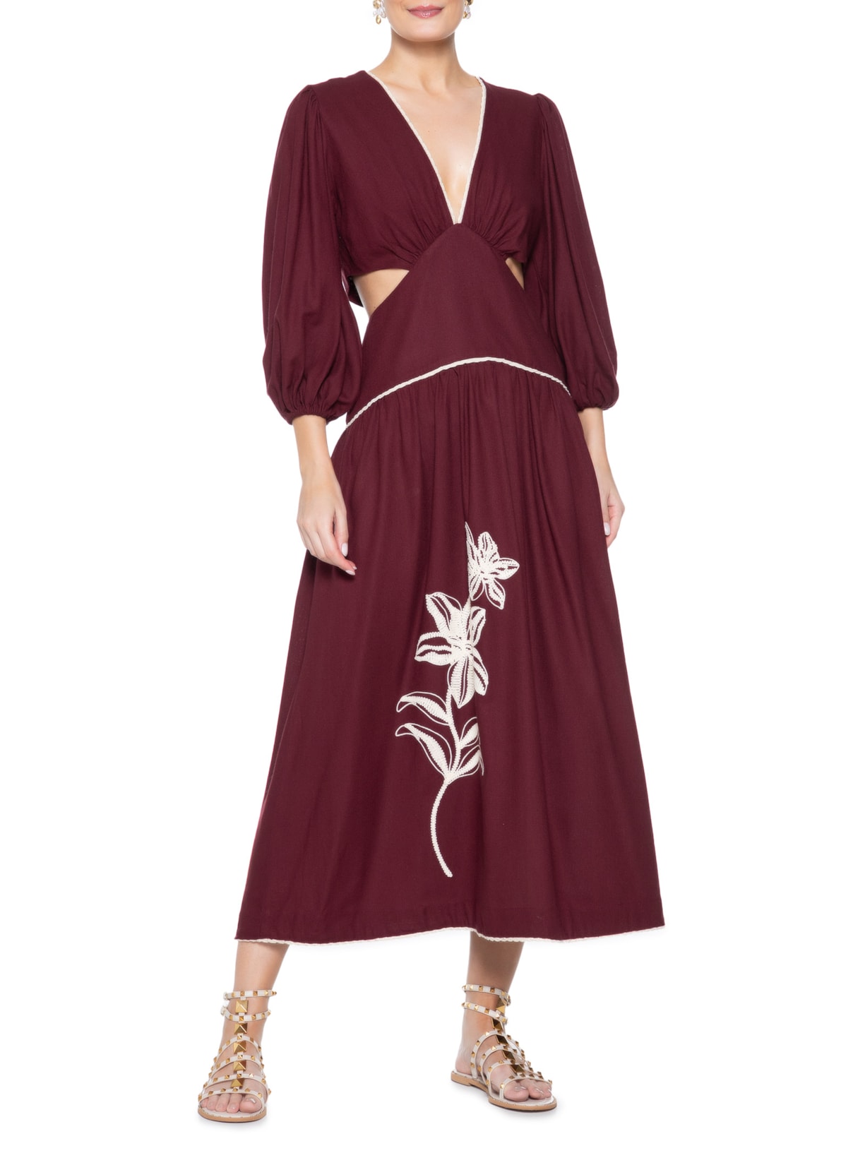 Vestido Midi Linho Bordado Flores Vinho Dress To