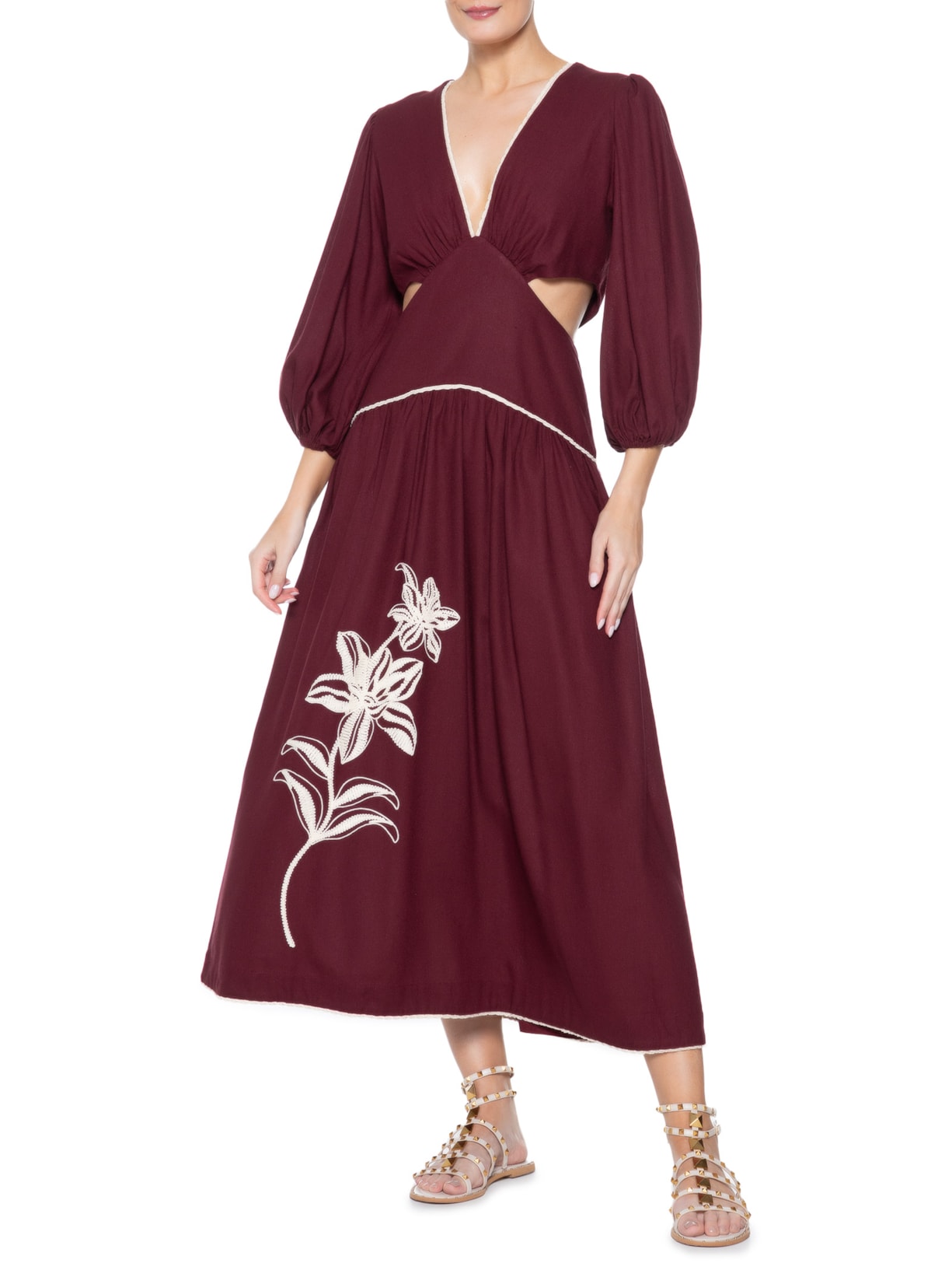 Vestido Midi Linho Bordado Flores Vinho Dress To