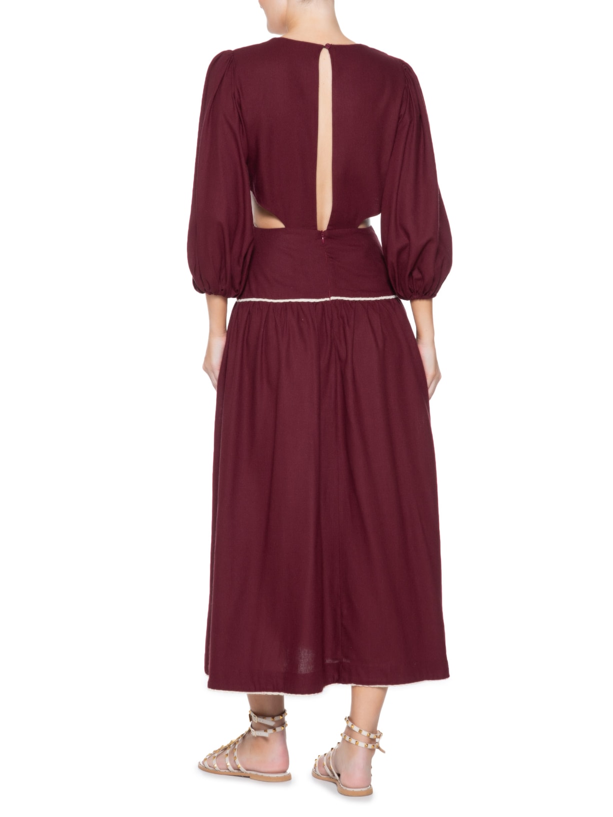 Vestido Midi Linho Bordado Flores Vinho Dress To