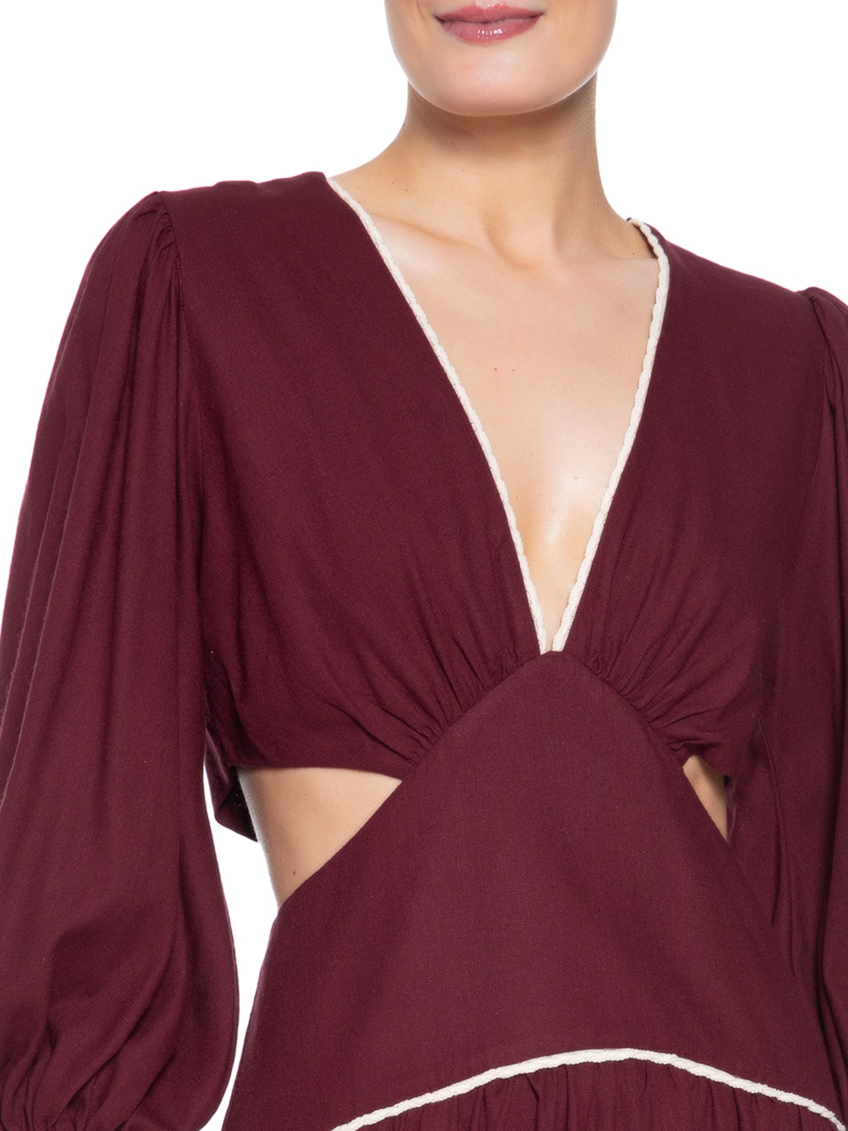 Vestido Midi Linho Bordado Flores Vinho Dress To