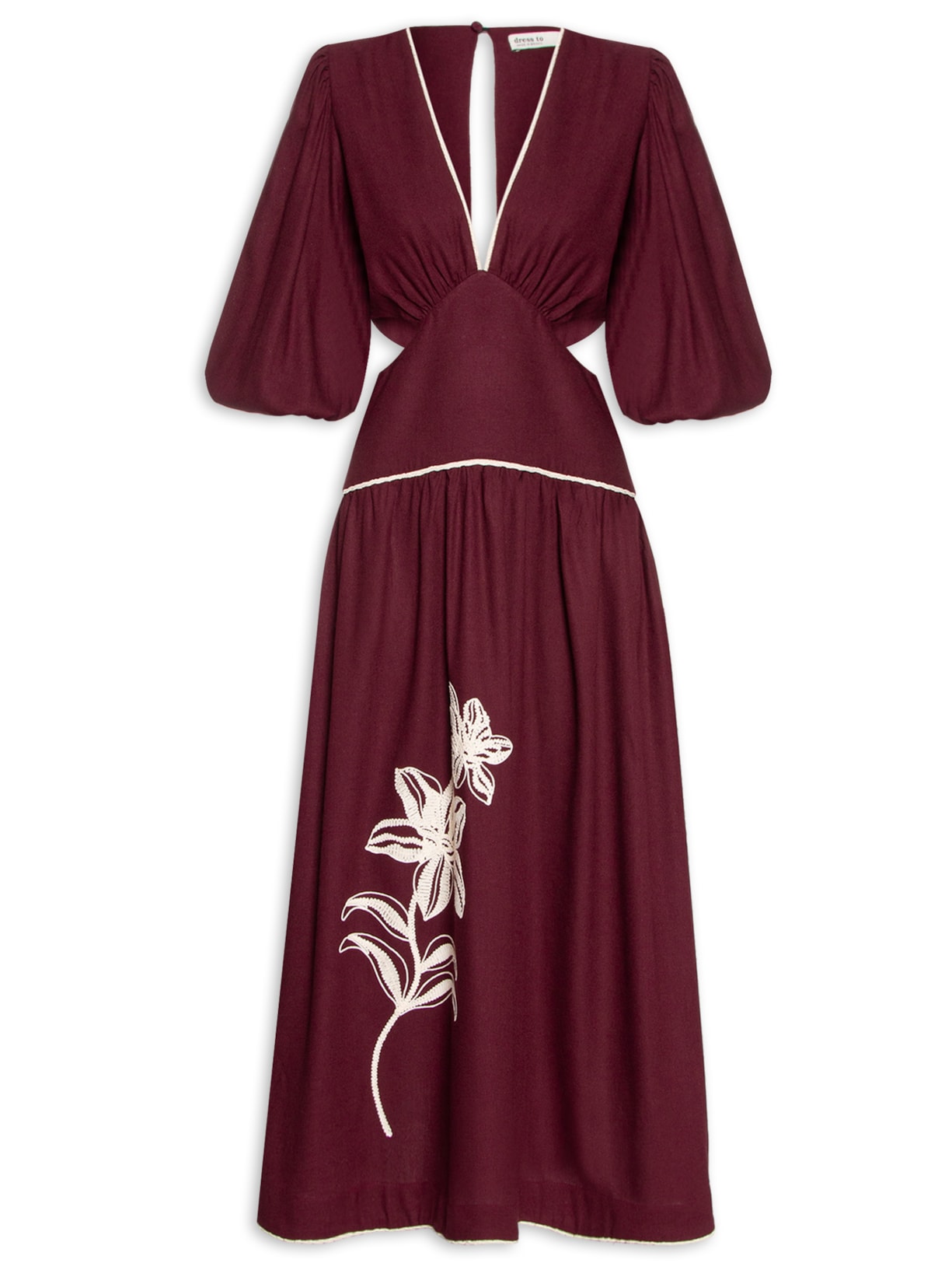 Vestido Midi Linho Bordado Flores - Vinho